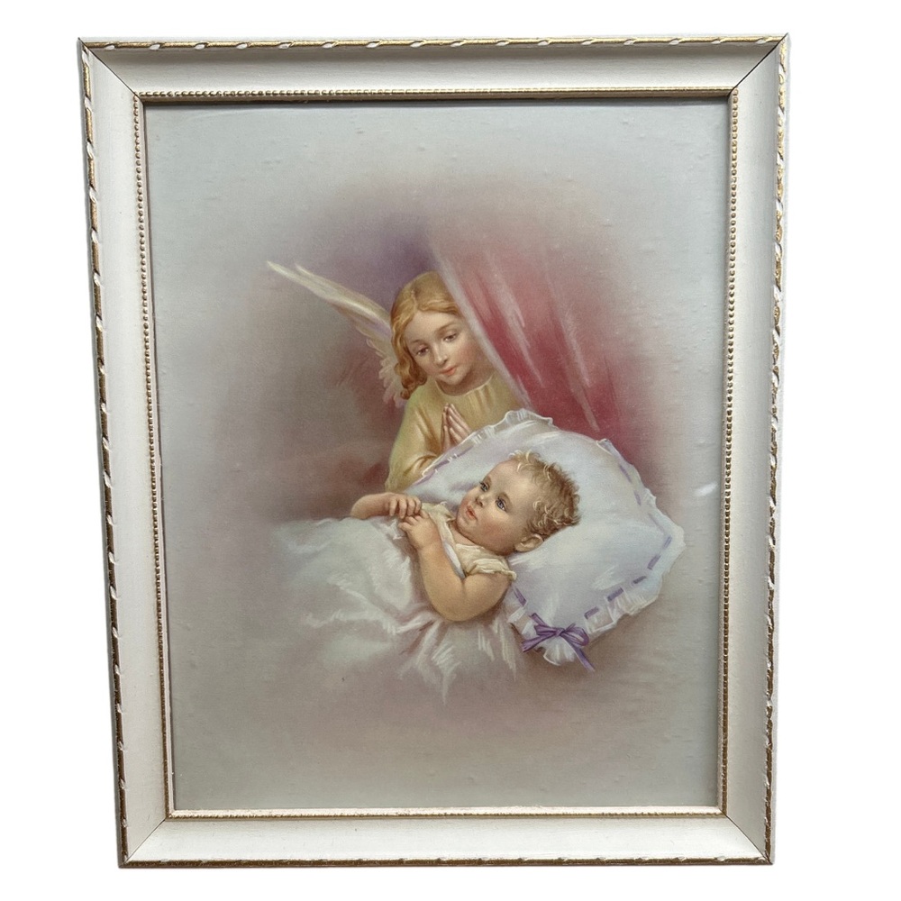 Vintage Wooden Framed Religious Print With Guardian Angel Gold Accents On Frame